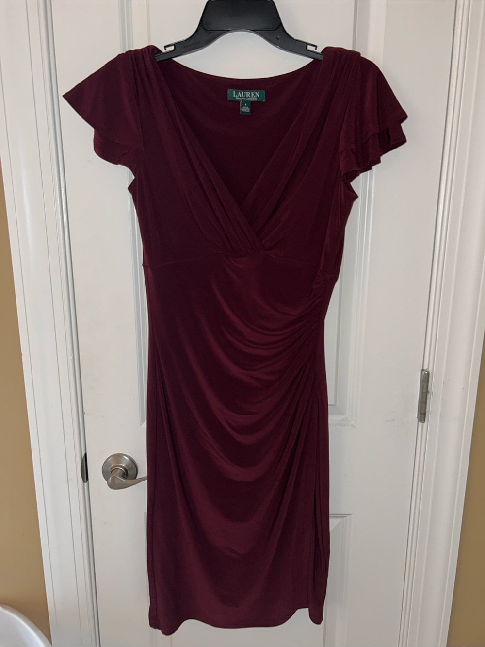 Lauren Ralph Lauren Deep Wine V-Neck Draped Midi Dress